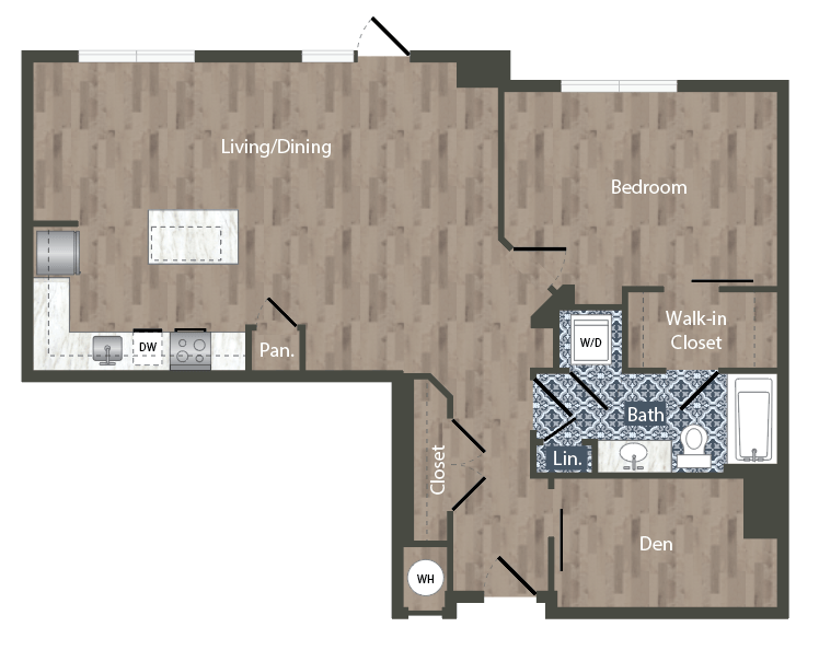 Floor plan for 1 bed, 1 bath, 963 sqft